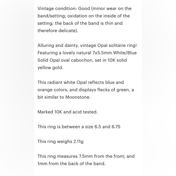 Vintage 10K Gold Opal Ring: White & Blue Solitaire, Size 6.5 - Picture 11 of 11